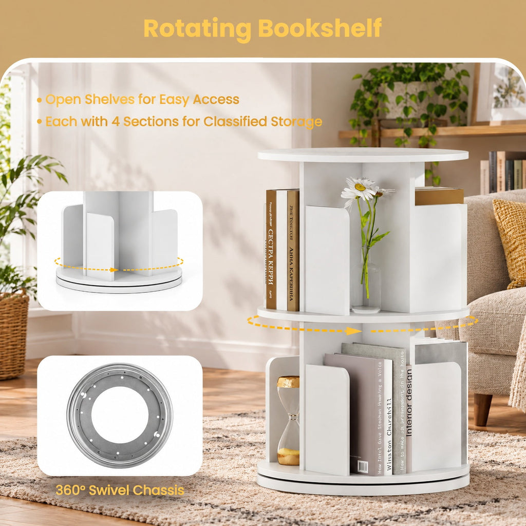 Airfind Bookshelf, 2-Tier Rotating, with Dividers and Anti-falling Baffles, 145 lbs Capacity, Engineered Wood Frame, White
