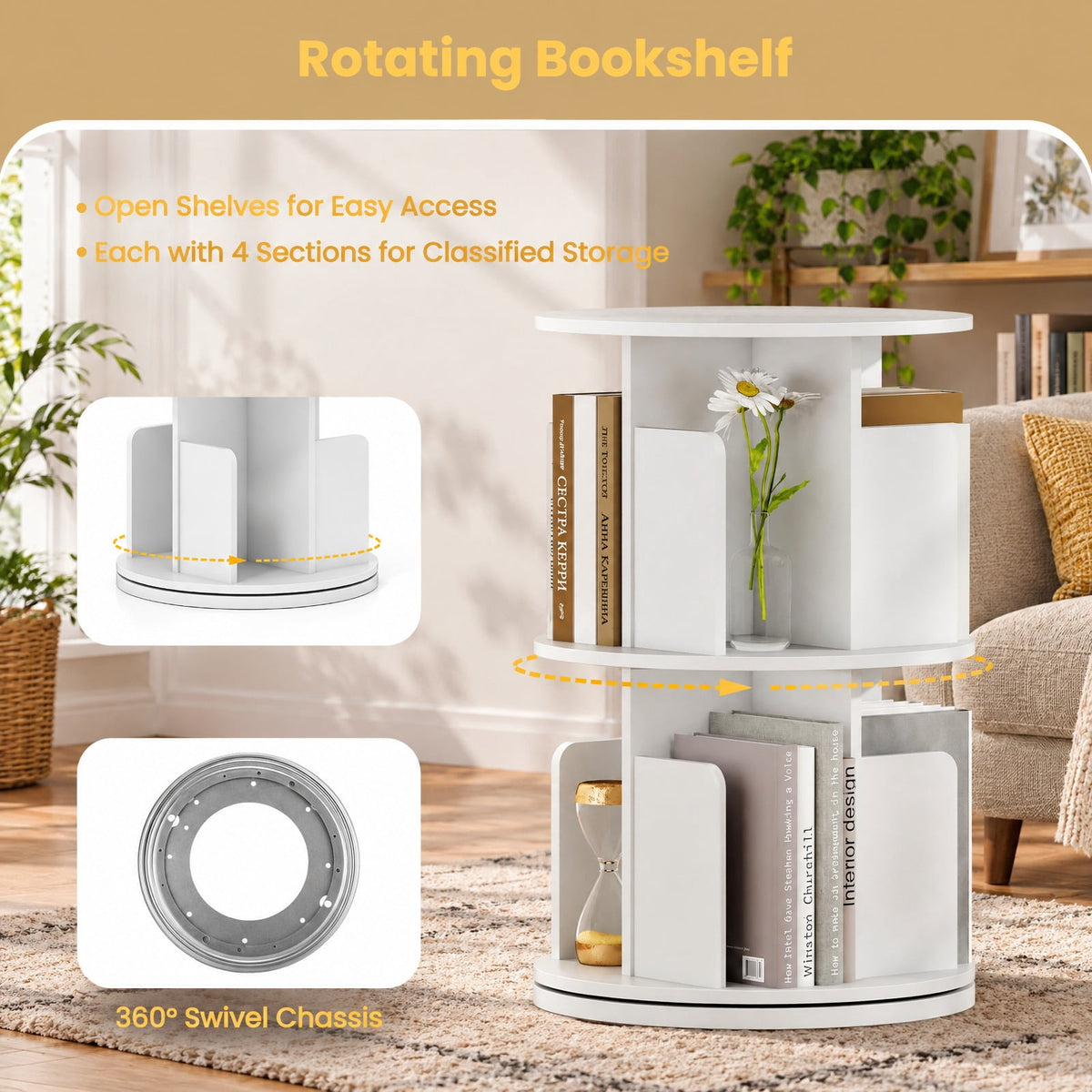 Airfind Bookshelf, 2-Tier Rotating, with Dividers and Anti-falling Baffles, 145 lbs Capacity, Engineered Wood Frame, White