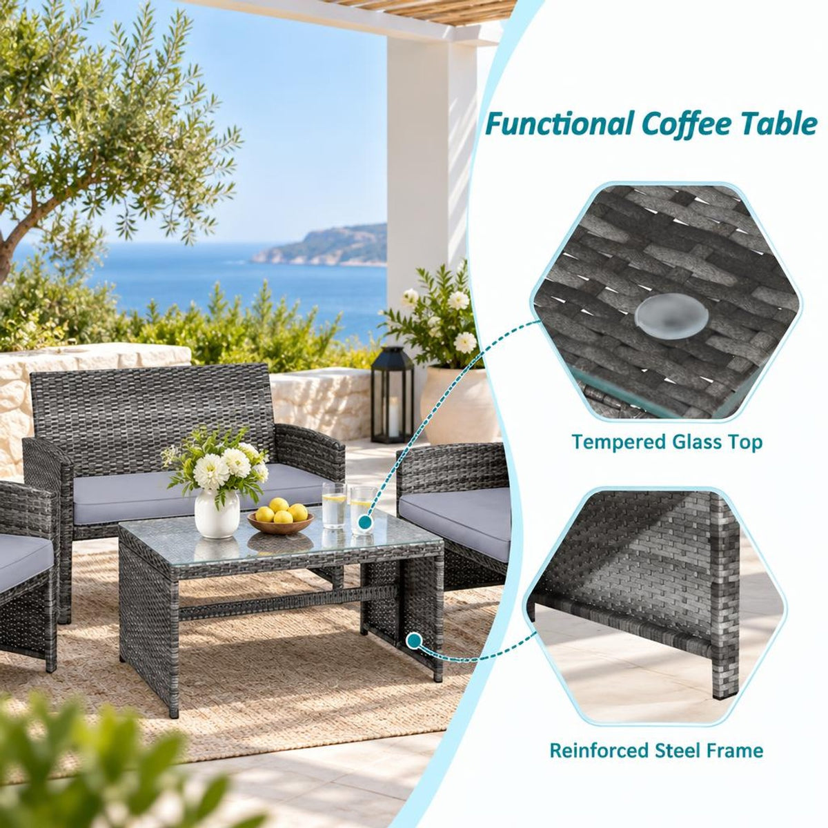 Airfind 4 Pieces Patio Rattan Furniture Set with Glass Table and Loveseat, PE Rattan Polyester Fiber Steel Sponge Single Sofa Frame, Gray