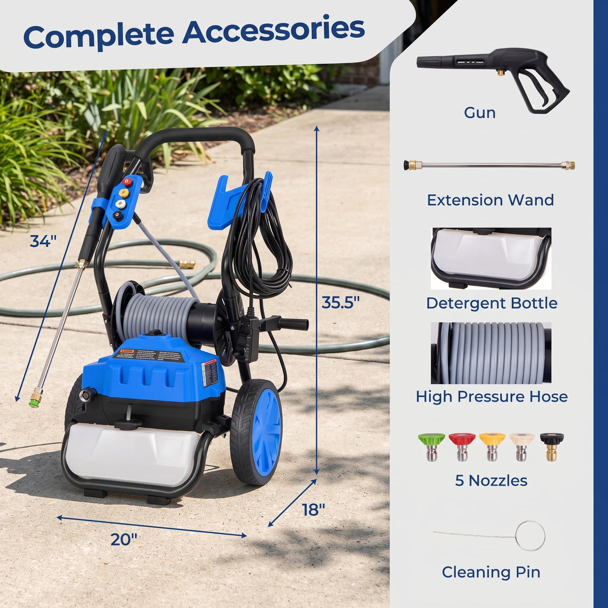Airfind 2300 PSI 1.8 GPM Electric Pressure Washer with Wheels and 5 Quick Connect Nozzles, PP Metal Frame, 20 x 18 x 35.5 Footprint, Blue