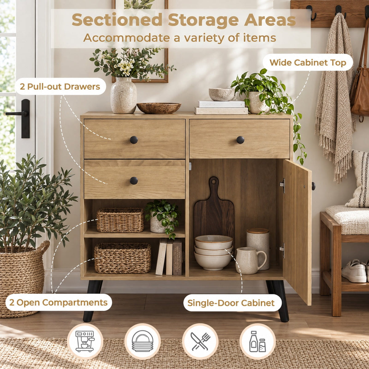 Airfind 31 Inch Sideboard Cabinet, with 2 Open Compartments and 2 Drawers, 135 lbs Capacity, Engineered Wood Frame, 31 Inch x 14 Inch x 31 Inch Footprint, Natural
