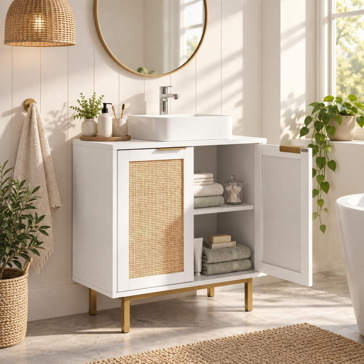 Airfind Bathroom Vanity Cabinet with U-Shaped Cut-Out 2 Rattan Doors and Shelf, 66 Lbs Capacity, Engineered Wood Metal Rattan, White