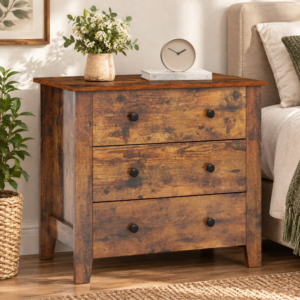 Airfind 3 Drawer Dresser Chest of Drawers Bedside Table, MDF Frame, 28in x 18in x 26in Footprint, Brown
