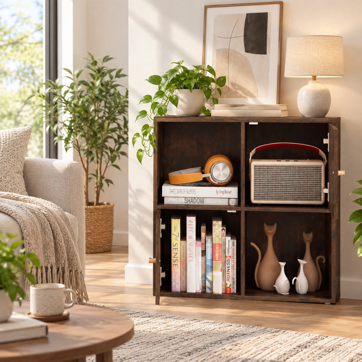 Airfind 4-Cube Bookcase 3-Tier Bookshelf with Dual Anti-Tipping Kits and 2 Cabinets, 110 lbs Capacity, MDF Engineered Wood Frame, Brown