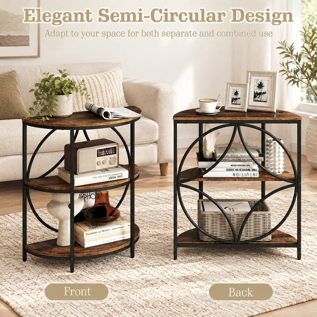 Airfind 3, Tier Half Round End Table with Study Metal Frame for Living Room, Rustic Brown, Smooth rounded edges ensure reliable safety during use