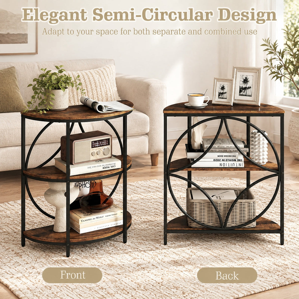 Airfind 3, Tier Half Round End Table with Study Metal Frame for Living Room, Rustic Brown, Smooth rounded edges ensure reliable safety during use