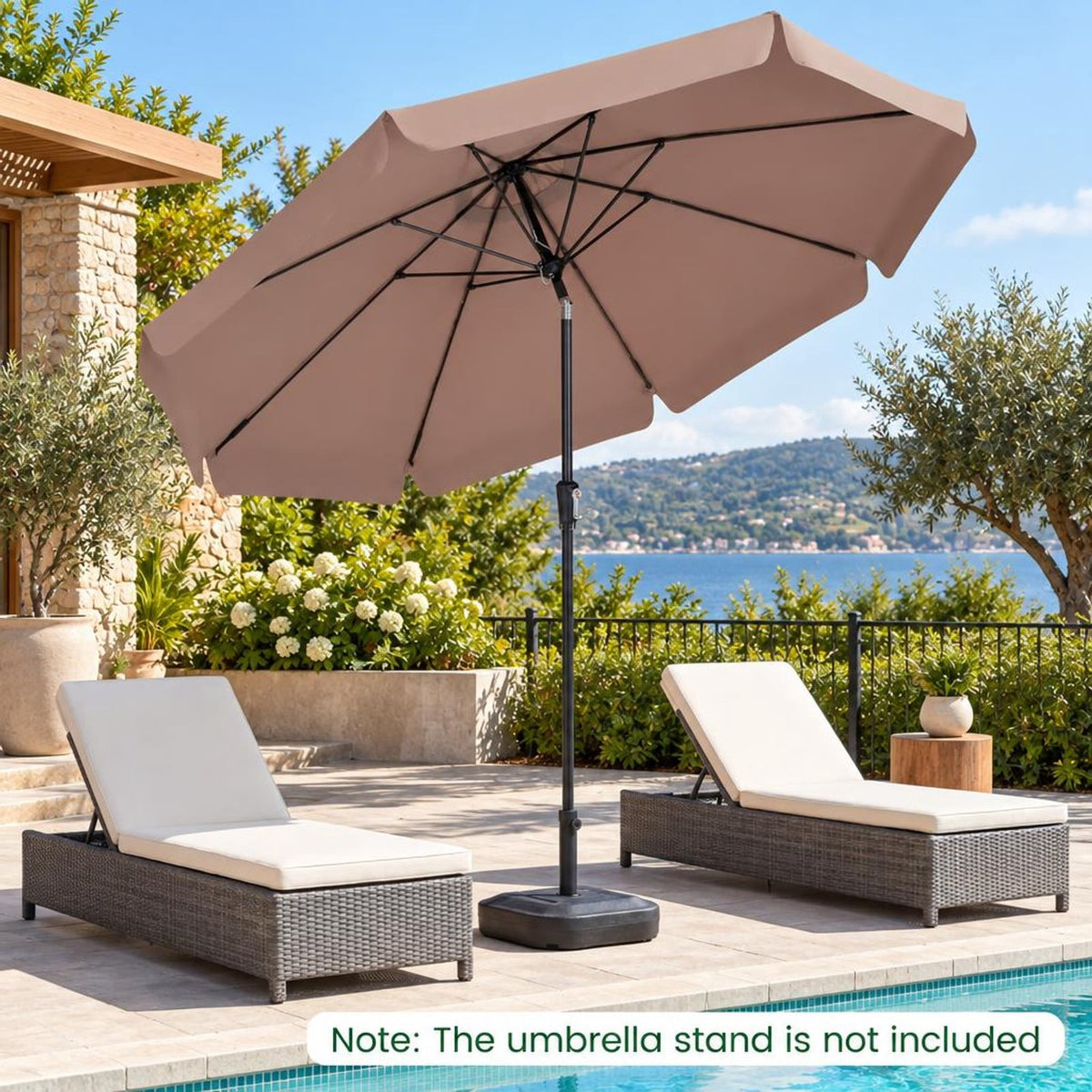 Airfind 10 FT Scalloped Patio Umbrella with Push Button Tilt and 8 Fiberglass Ribs, Fiberglass Polyester Fabric Metal ABS Frame, Brown