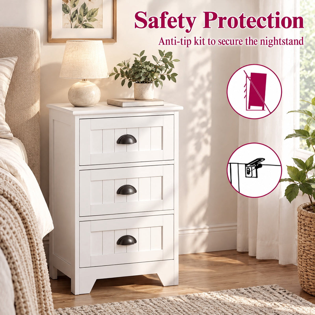 Airfind 3 Drawers End Storage Wood Side Nightstand, 88 lbs Capacity, P2 MDF Frame, 18 x 12 x 27 Footprint, White