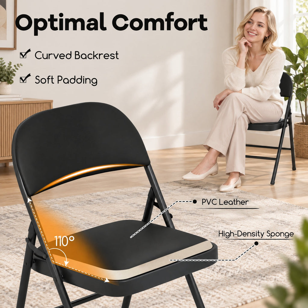 Airfind 4 Pack Folding Chairs with Metal Frame and PVC Leather for Indoor Outdoor, 330 lbs Capacity, Metal PVC Sponge MDF Frame, Black