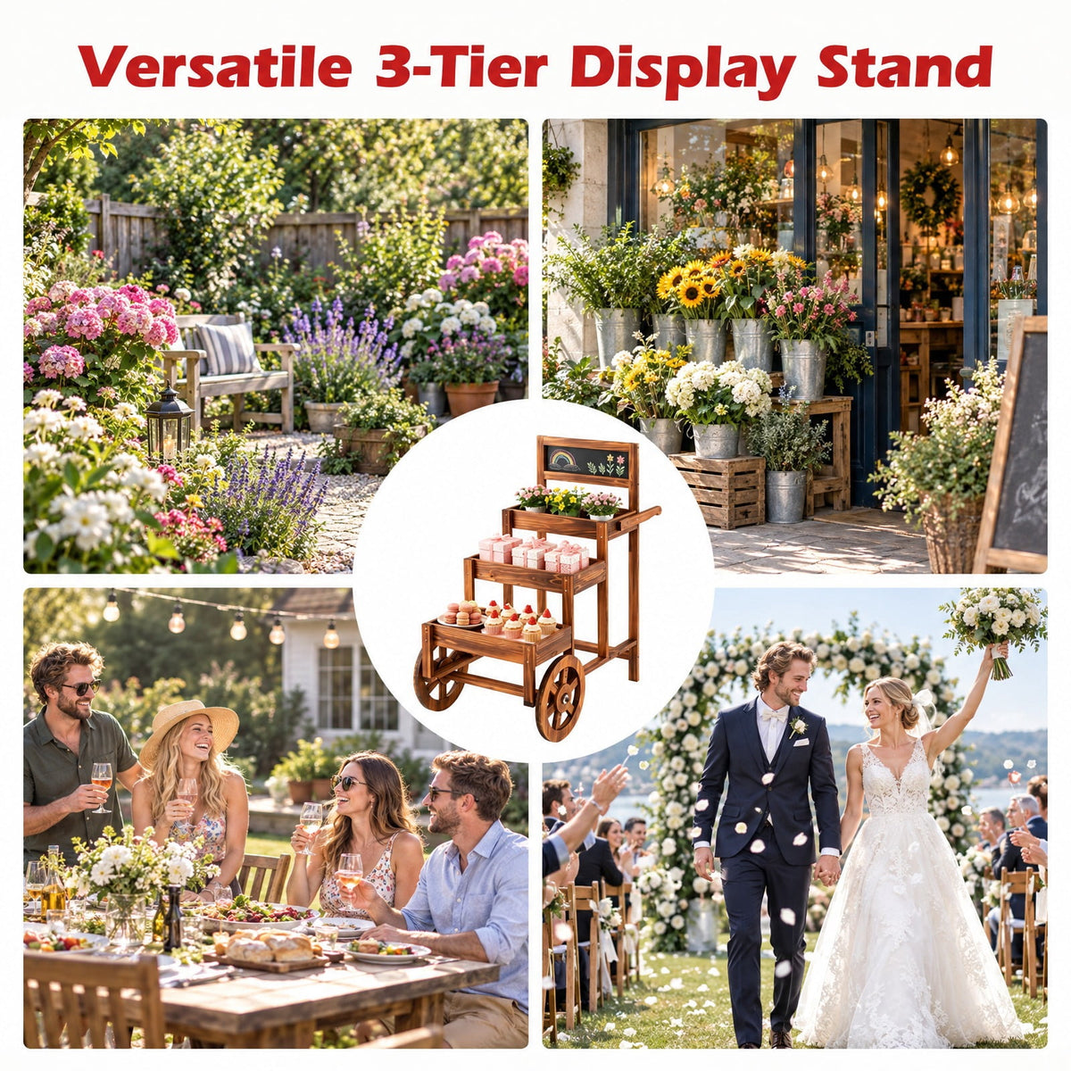 Airfind 3-Tier Carbonized Fir Wood Plant Display Stand Wooden Dessert Candy Cart, 44 lbs Capacity, 23 Inch x 39 Inch x 40 Inch Footprint, Brown