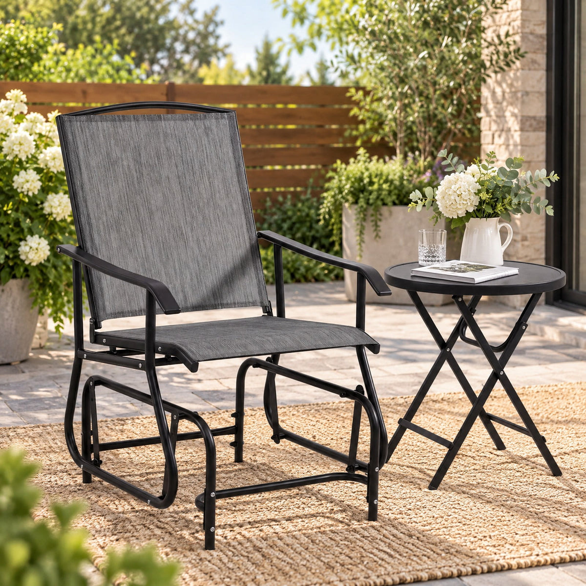 Airfind Outdoor Glider Chair with Metal Frame and Armrests, 330 lbs Capacity, Fabric Metal Frame, 24 x 29 x 37.5 Footprint, Grey