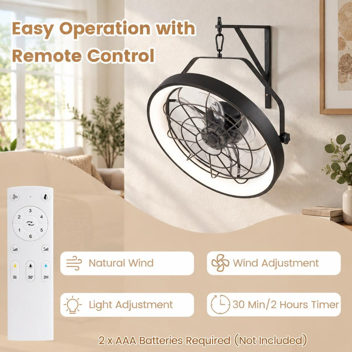 Airfind 20 Wall Mounted Fan with 3CCT Dimmable LED Light and Timer, ABS Frame, 20 x 5.5 Footprint, Black