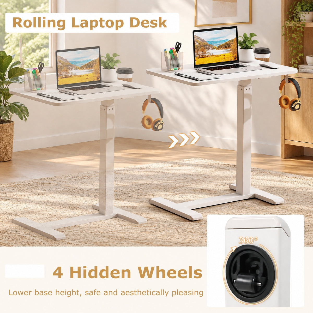 Airfind Mobile Standing Desk Height Adjustable Overbed Bedside Table with Cup Holder, 90 lbs Capacity, Engineered Wood Frame, White