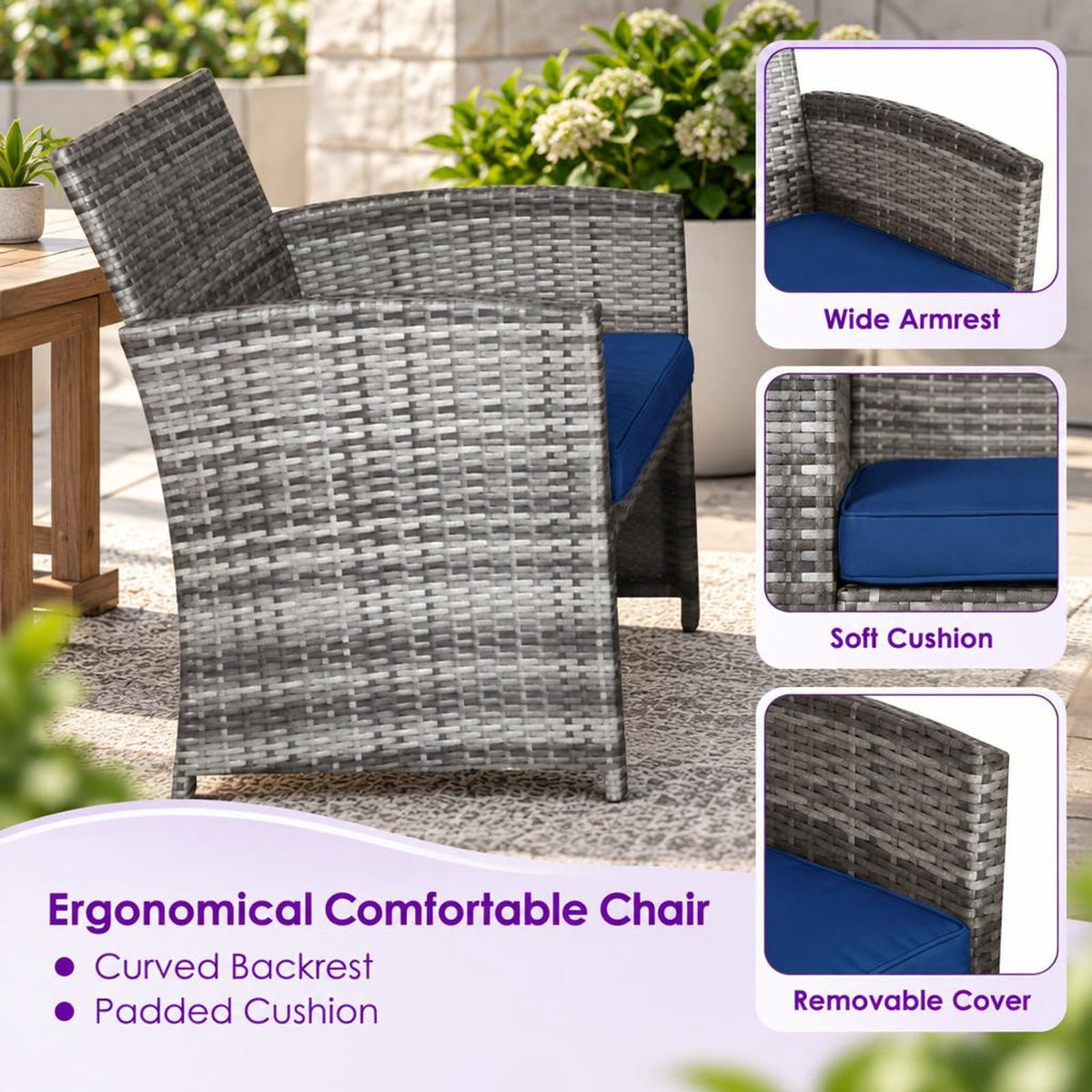 Airfind 4 Pieces Patio Rattan Furniture Set with Glass Table and Loveseat, PE Rattan Polyester Fiber Steel Sponge Single Sofa Frame, Navy