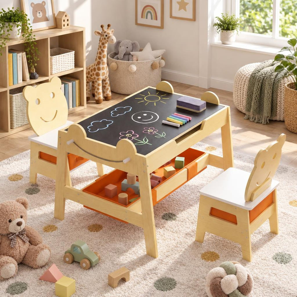Airfind 5-in-1 Toddler Table and 2 Chairs Cute Art Desk Set with Reversible Chalkboard Whiteboard, 110 lbs Capacity, MDF Non-woven Fabric Frame