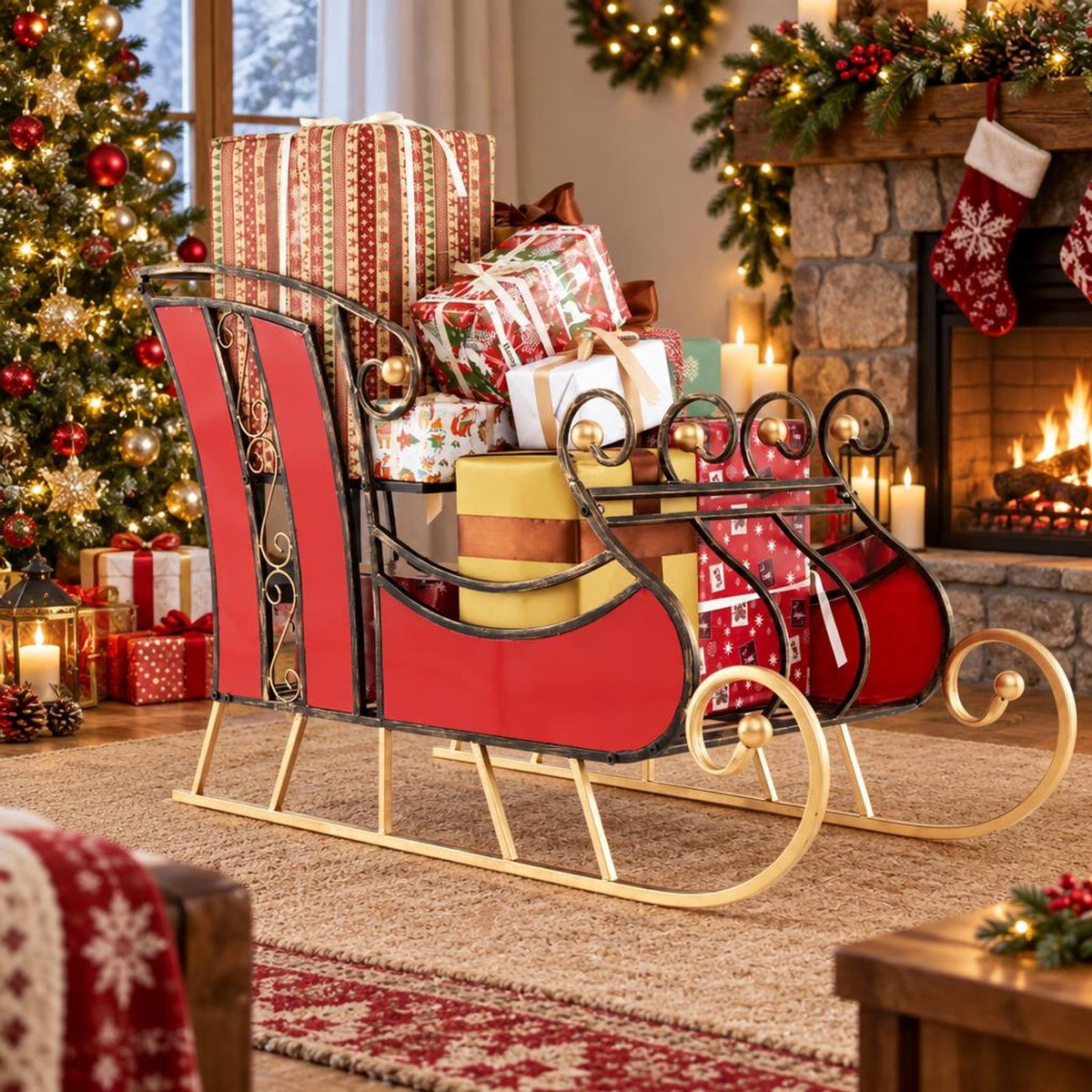 Airfind 3 FT Christmas Metal Sleigh Decoration Santa Sleigh with 2, 37 x 16 x 23Net Weight 17 lbsWeight Footprint