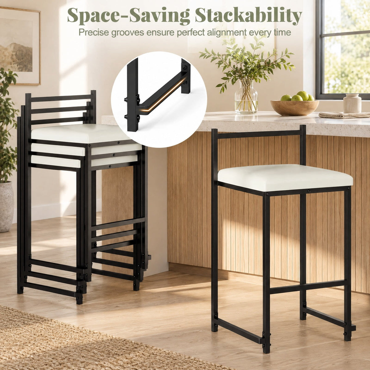 Airfind Set of 2 Stackable Counter Height Bar Stools PU Leather Upholstered with Footrest, 400 lbs Capacity, 16 Inch x 18 Inch x 33.5 Inch Footprint, Black