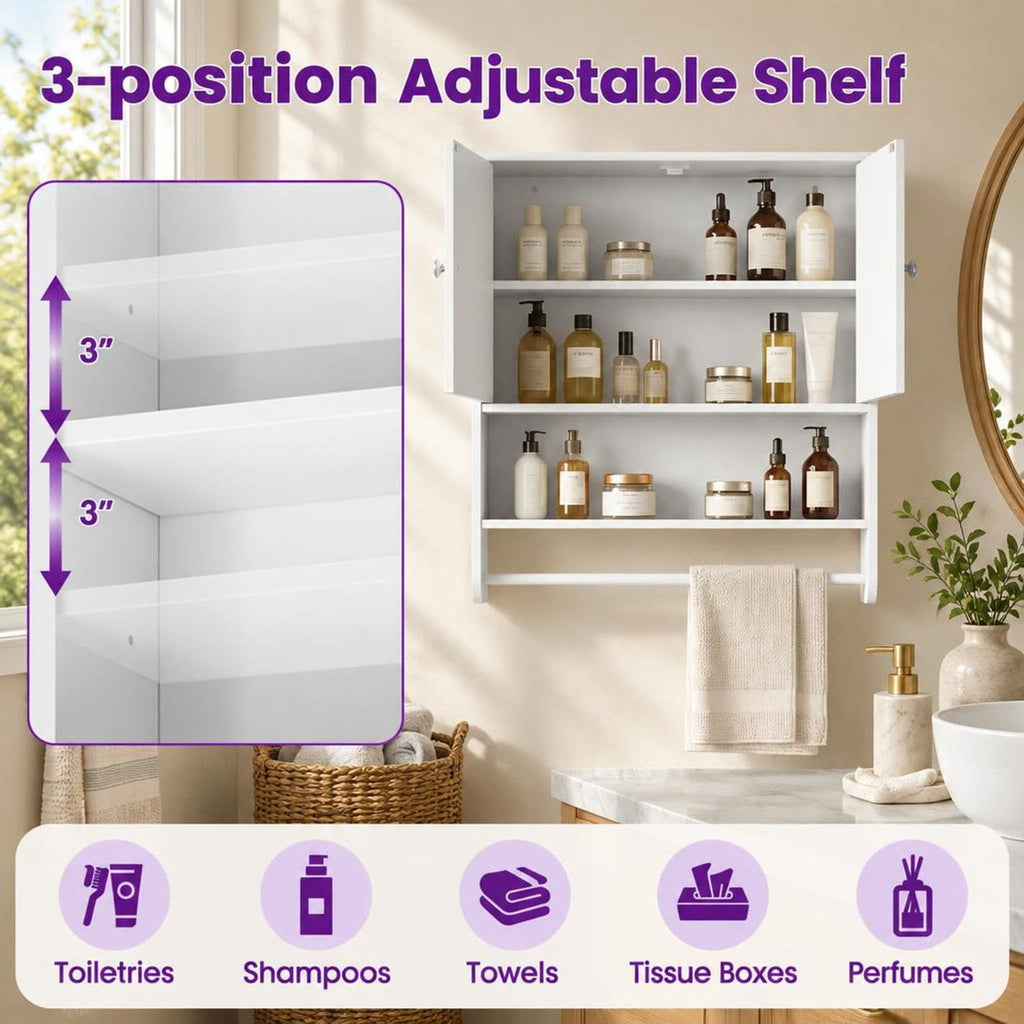 Airfind Bathroom Wall Cabinet with Towel Bar and Open Shelf and Adjustable Shelf, MDF Frame, 23.5in x 8in x 27.5in Footprint, White