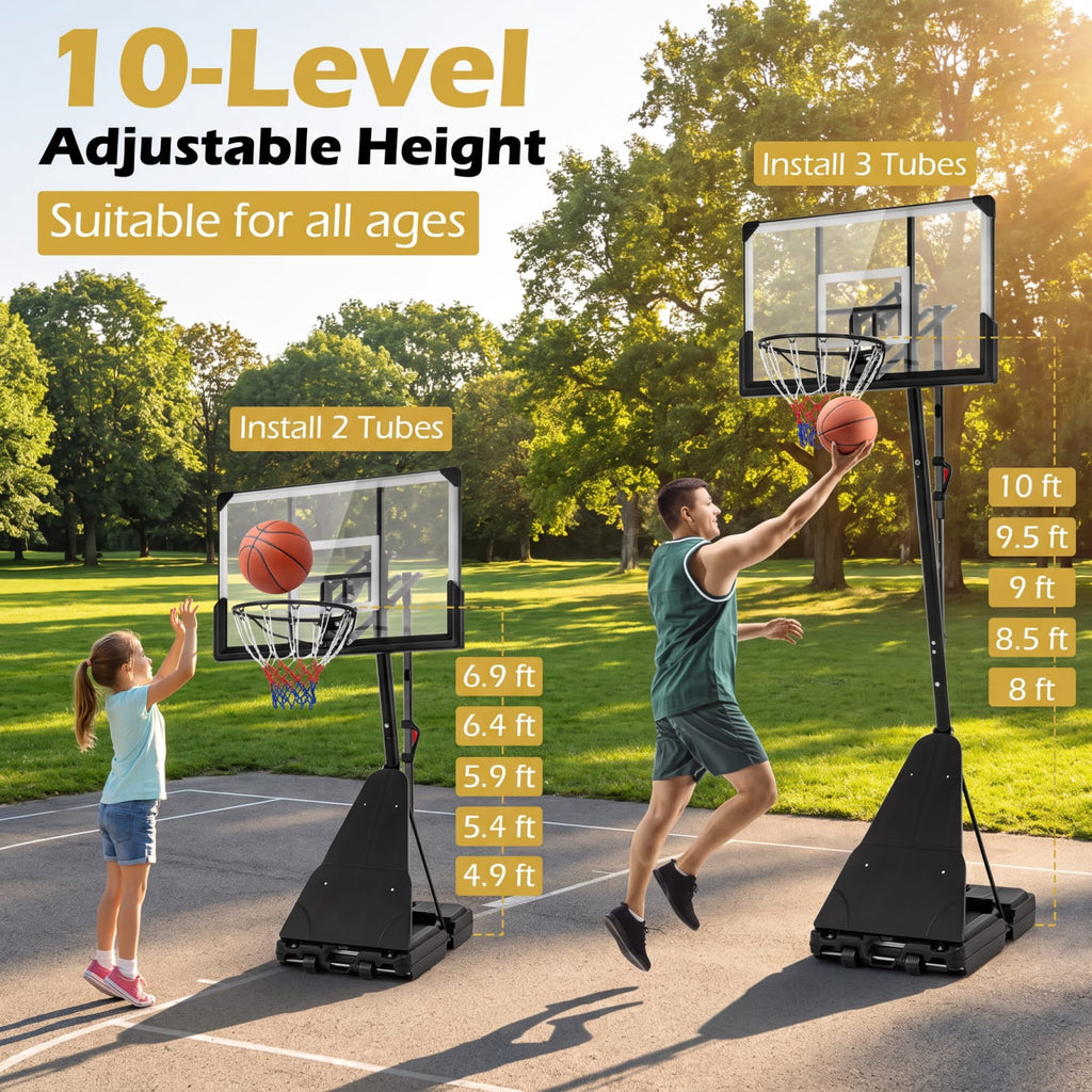 Airfind Portable Basketball Goal System with 4.9 to 10 Foot Adjustable Height 44 Inch Shatterproof Backboard and Rebounder for Backyard, Black