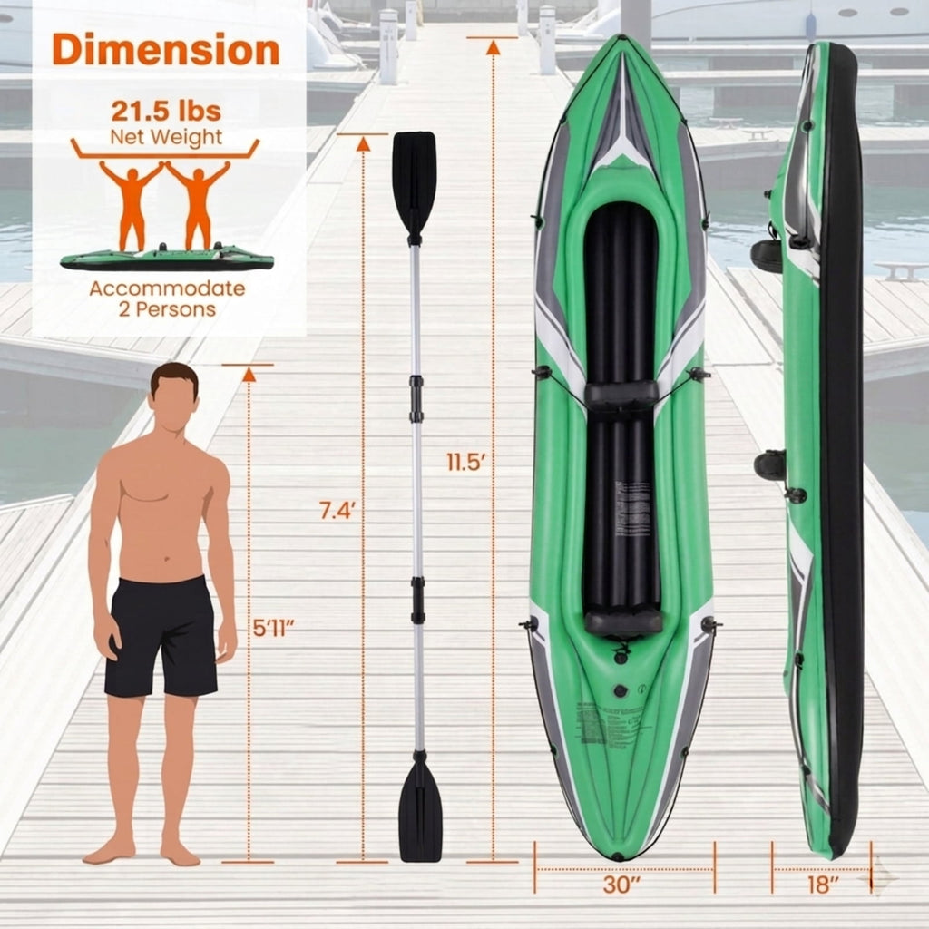 Airfind 11.5 Foot Inflatable Kayak 2 Person Tandem Boat with Aluminum Paddles for Adults Fishing Drifting and Touring on Calm Water, Green