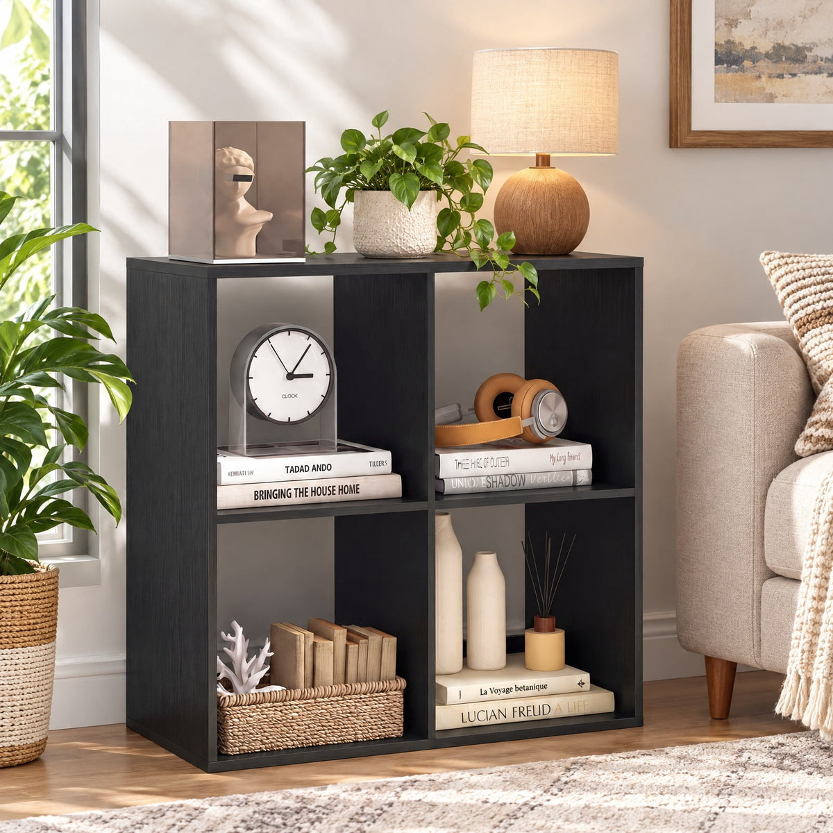 Airfind 4 Cube Bookshelf with Back Guardrail for Living Room Bedroom, 100 lbs Capacity, Engineered Wood Frame, 27.5 x 13 x 27.5 Footprint, Black