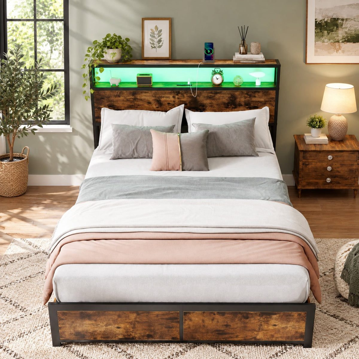 Airfind Full/Queen Size LED Bed Frame with Charging Station and 4 Storage Drawers, 81 Inch x 56 Inch x 40 Inch Inner Footprint