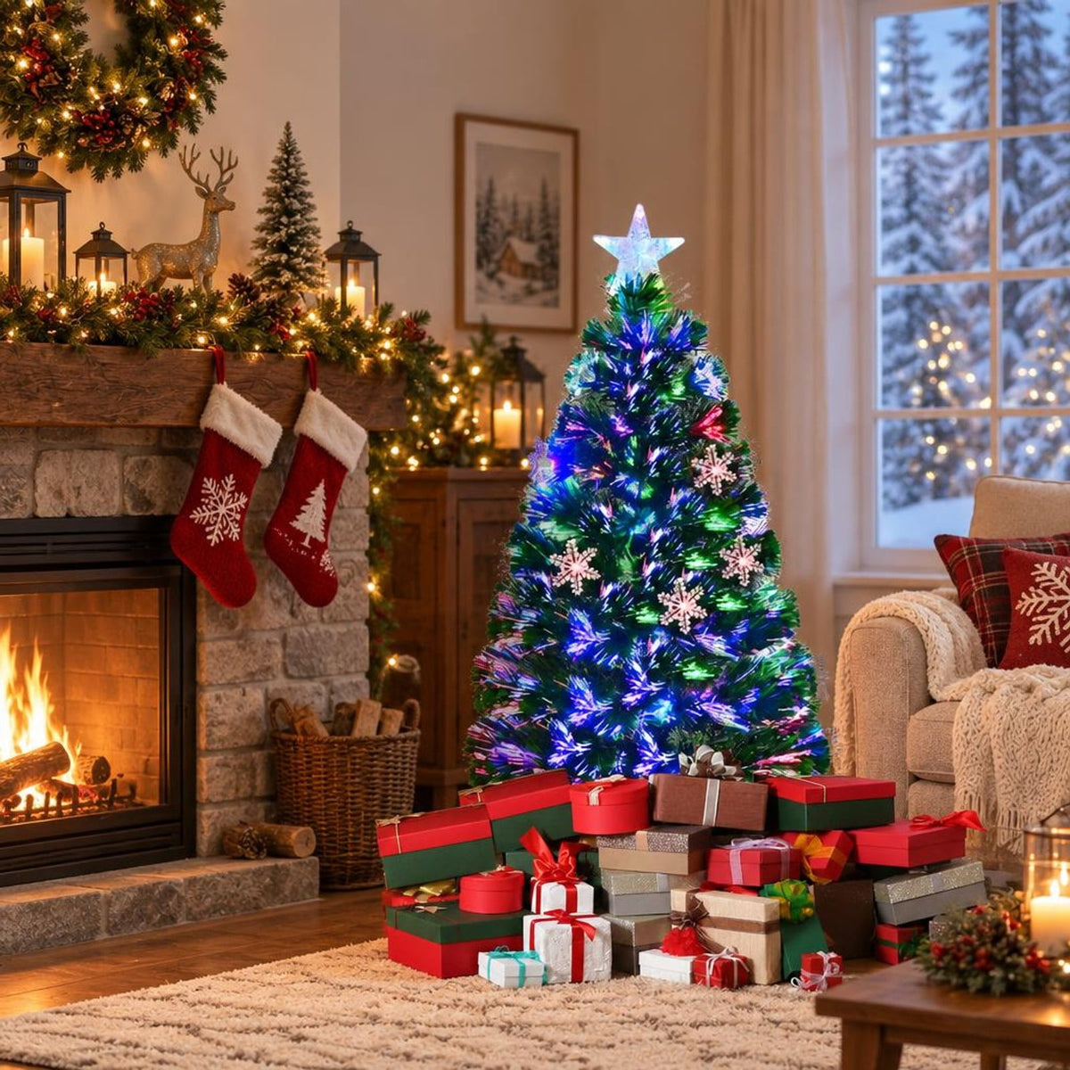 Airfind LED Optic Artificial Christmas Tree with Snowflakes-3 Feet, PVC Frame, 2.4 x 5 (Diameter x H) Height: 5 ft Weight: About 8 lbs Footprint