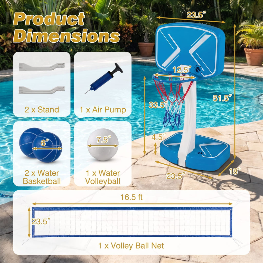 Airfind 2 in 1 Pool Basketball Hoop and Volleyball Net Set with Weighted Base for Swimming Pool Beach and Backyard Water Games, Blue