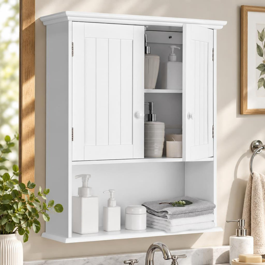 Airfind 2-Door Wall Mount Bathroom Storage Cabinet with Open Shelf, MDF Metal Frame, White, Overall dimension 23.5in x 8in x 28in(L x W