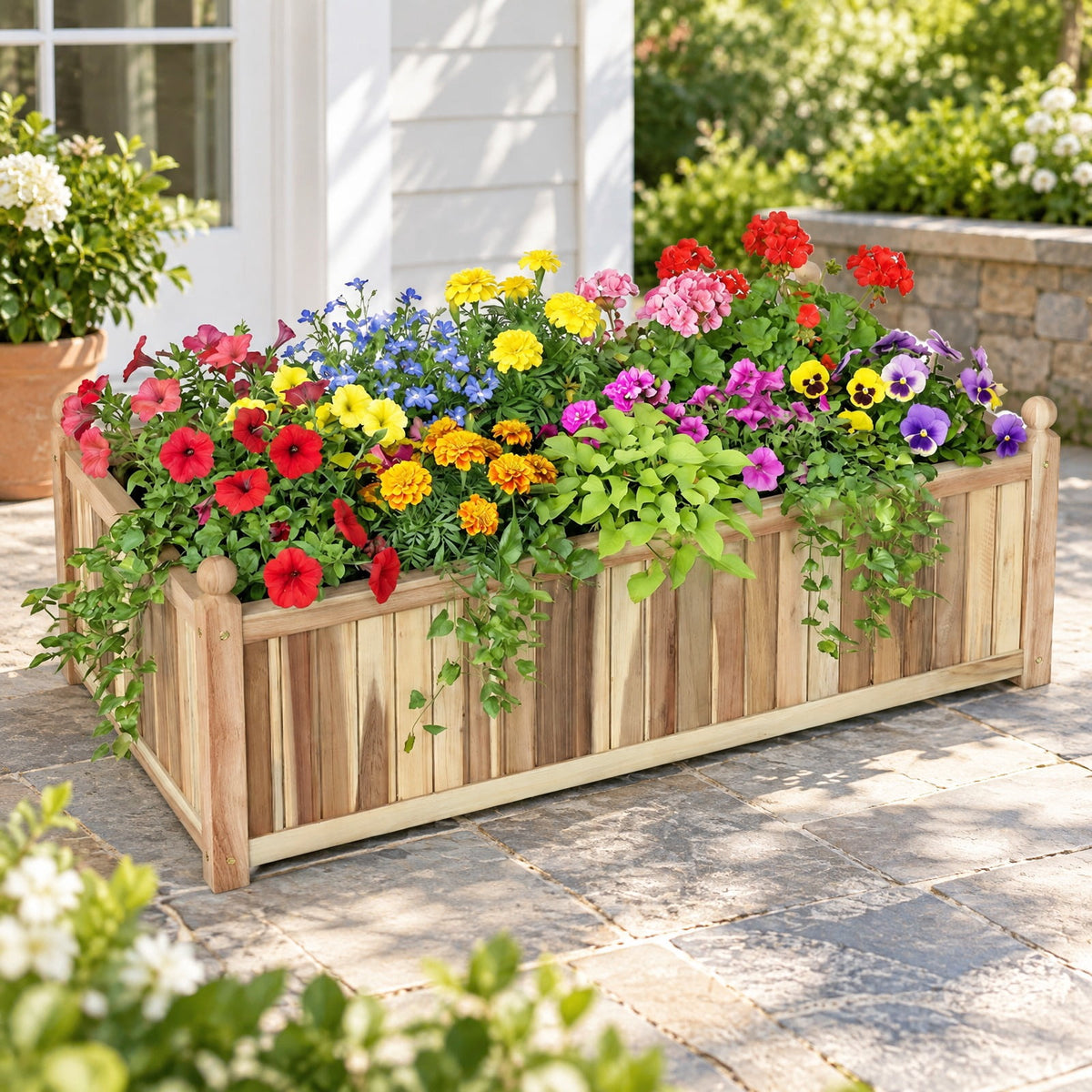 Airfind Wooden Raised Garden Bed Natural Acacia Wood Rectangular Planter Box with Liner, 110 lbs Capacity, Acacia Wood Frame, Natural