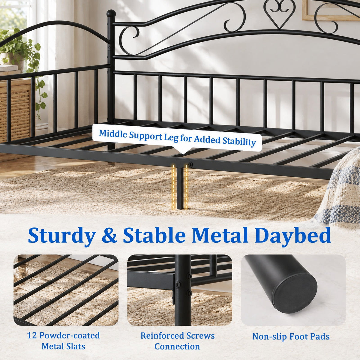 Airfind Twin Size Metal Daybed Frame with Headboard for Bedroom, 485 lbs Capacity, Metal Frame, 78 x 41.5 x 34.5 Footprint, Black