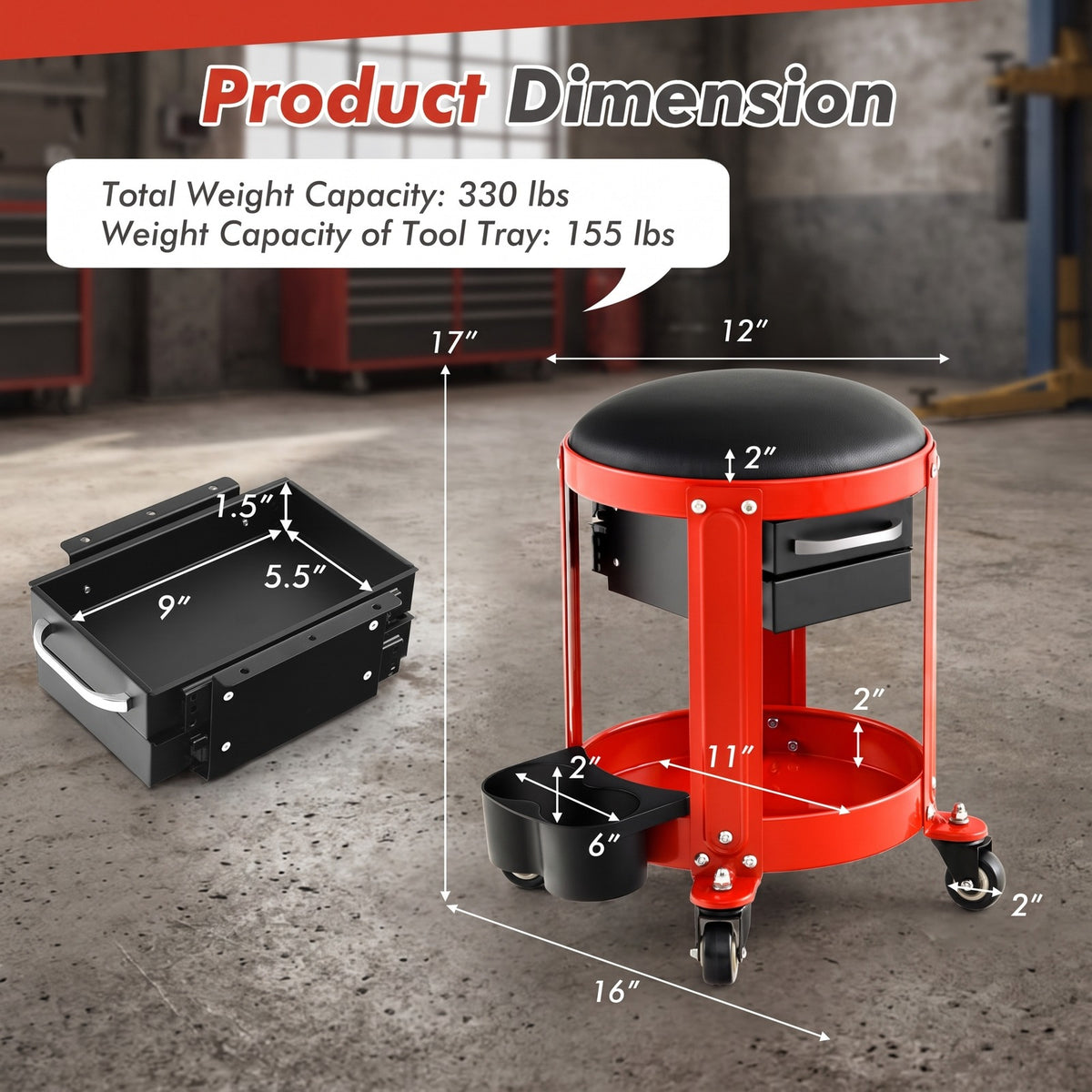 Airfind Rolling Mechanic Stool with Removable Padded Seat and Drawers, 330 lbs Weight Capacity of Tool Tray: 155 lbs Capacity, 16 x 17 Footprint