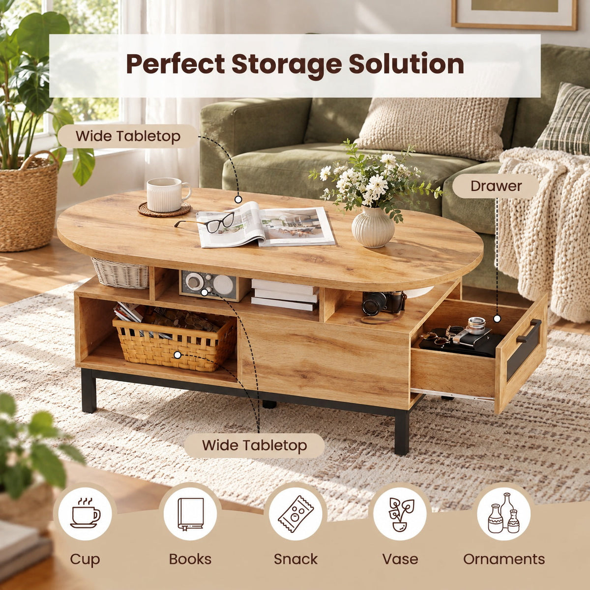 Airfind 47 Inch Oval Coffee Table with Storage and Open Compartments for Living Room, 110 lbs Capacity, Engineered Wood MDF Frame, Natural