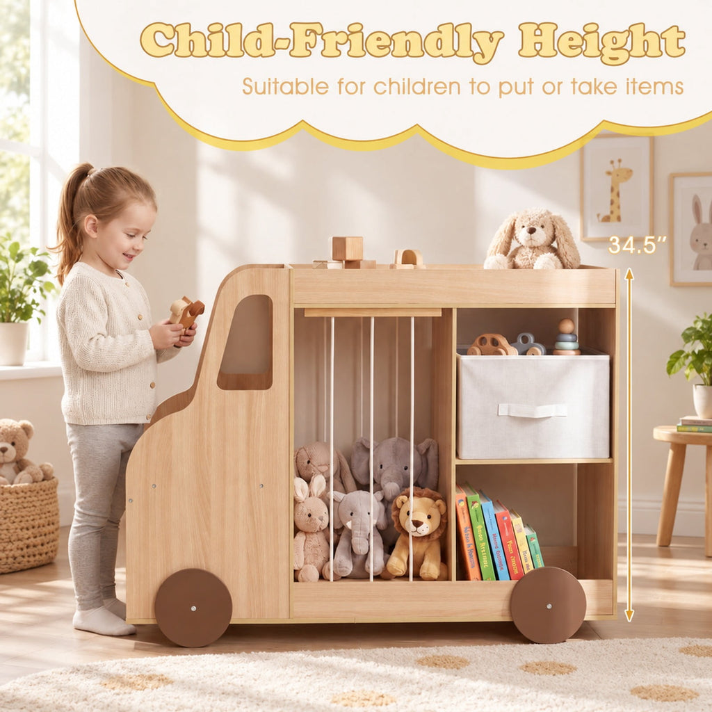 Airfind Toy Storage Organizer with Stuffed Animal Storage Fabric Drawer and Universal Wheels, 35 lbs Capacity, for 3+ Years Old, Natural