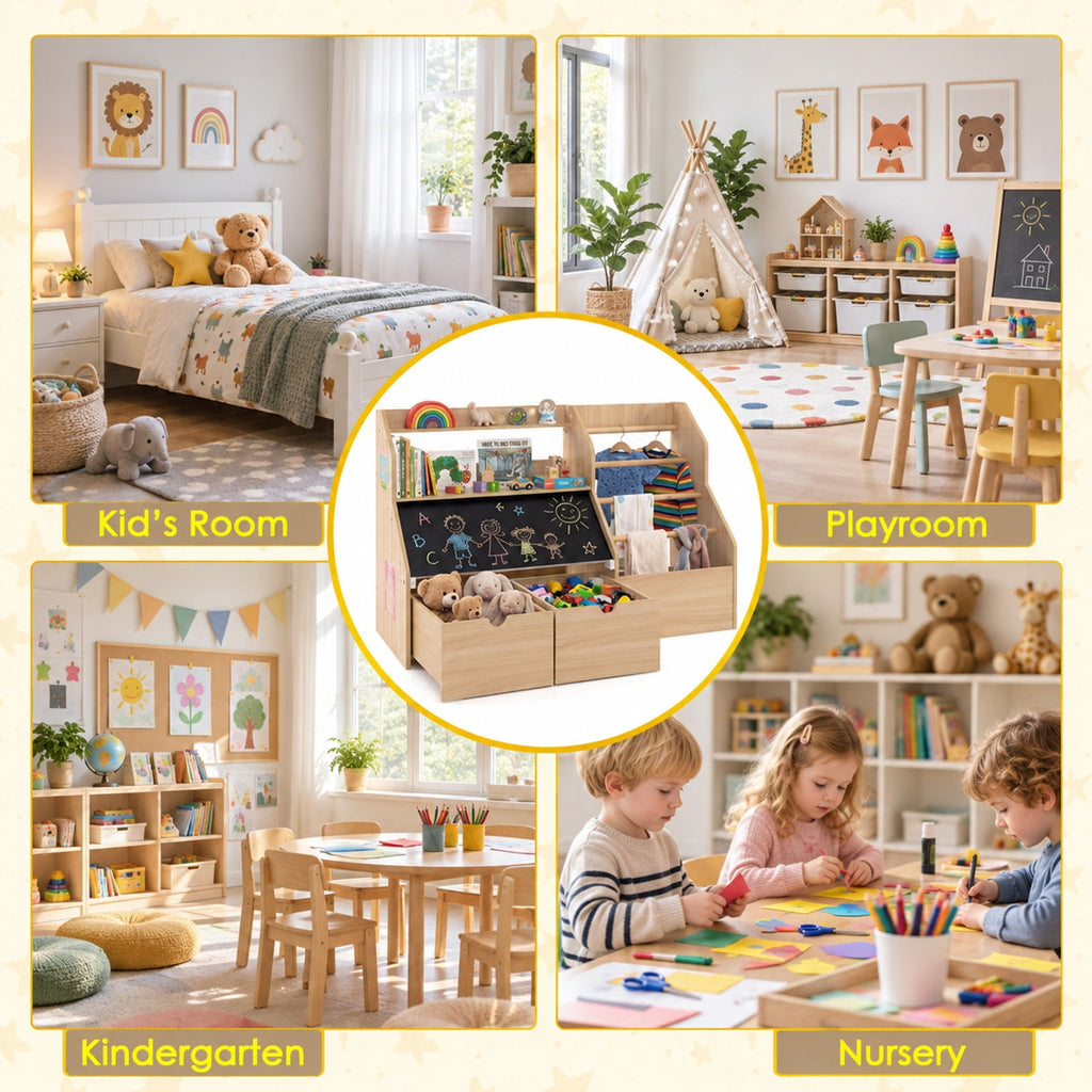 Airfind Kids Toy Storage Organizer with Flip-up Blackboard, Engineered Wood Pine Wood Frame, for 3+ Years Old, 41 Inch x 16 Inch x 28 Inch Footprint, Natural