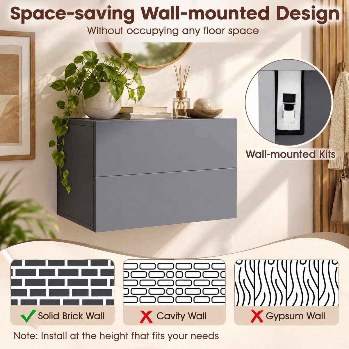 Airfind Floating Nightstand with 2 Storage Drawers Wall Mounted for Bedroom, 11 lbs Capacity, Engineered Wood Frame, 16.5in x 12in x 11.5in Footprint