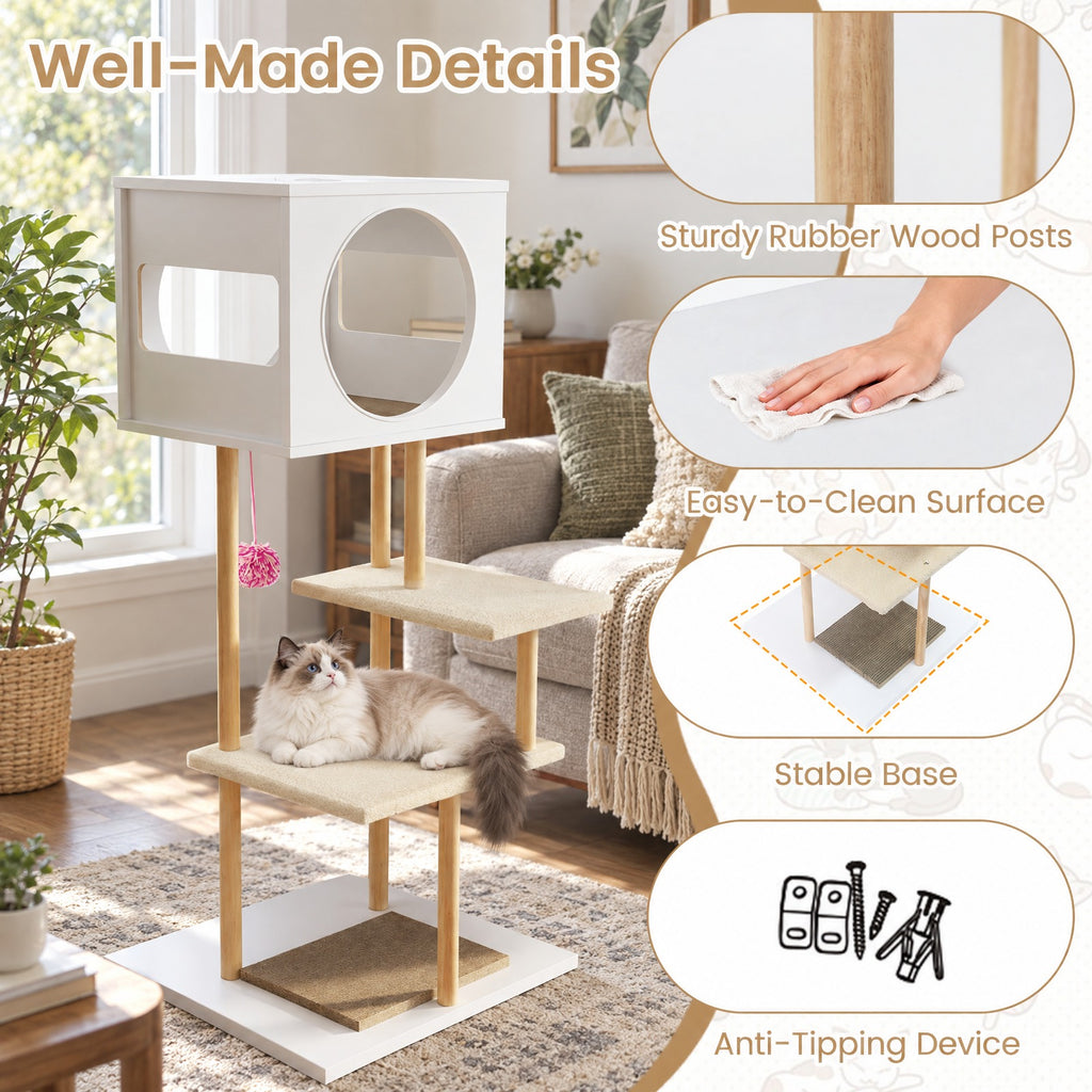 Airfind Tall Wood Cat Tower with 2 Corrugated Cardboard, 15.5 lbs Capacity, Engineered Wood Rubber Wood Corrugated Cardboard Fabric Frame, White