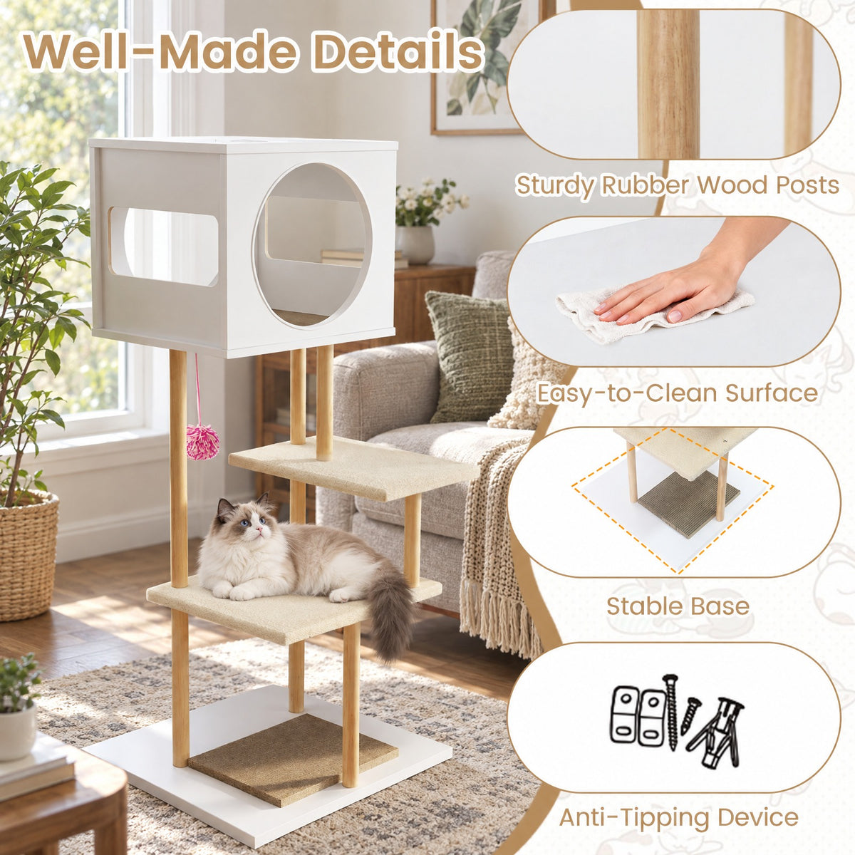 Airfind Tall Wood Cat Tower with 2 Corrugated Cardboard, 15.5 lbs Capacity, Engineered Wood Rubber Wood Corrugated Cardboard Fabric Frame, White