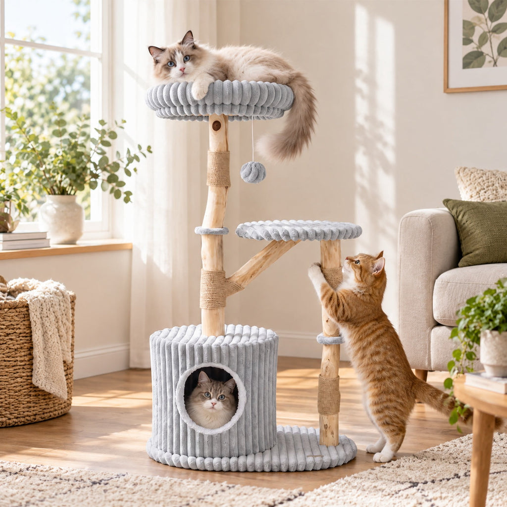 Airfind Solid Wood Cat Tree 41 Inch with Real Branches Scratching Posts and Cozy Bed, 22 lbs Capacity, Pear Wood Frame, 22 x 16 x 41 Footprint