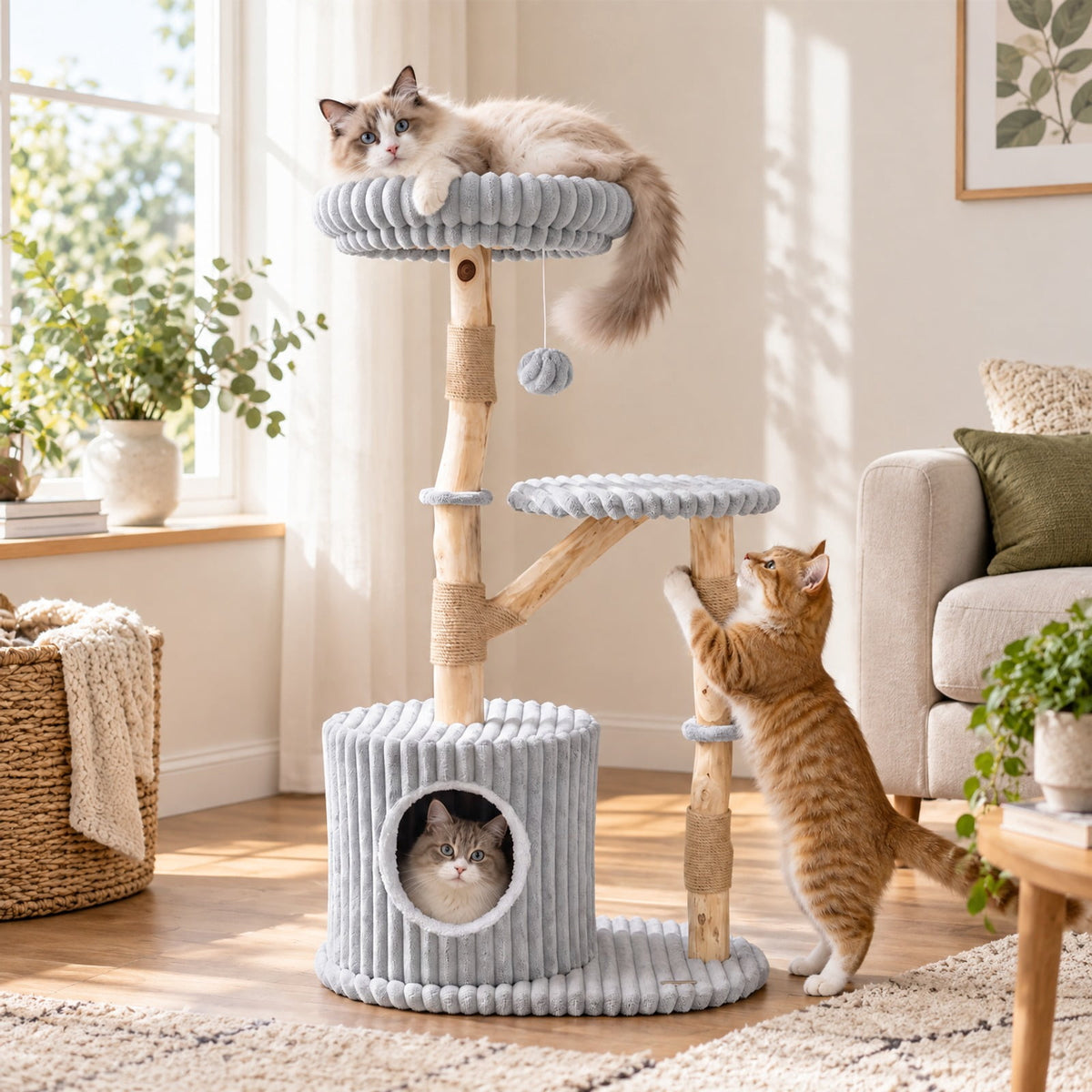 Airfind Solid Wood Cat Tree 41 Inch with Real Branches Scratching Posts and Cozy Bed, 22 lbs Capacity, Pear Wood Frame, 22 x 16 x 41 Footprint