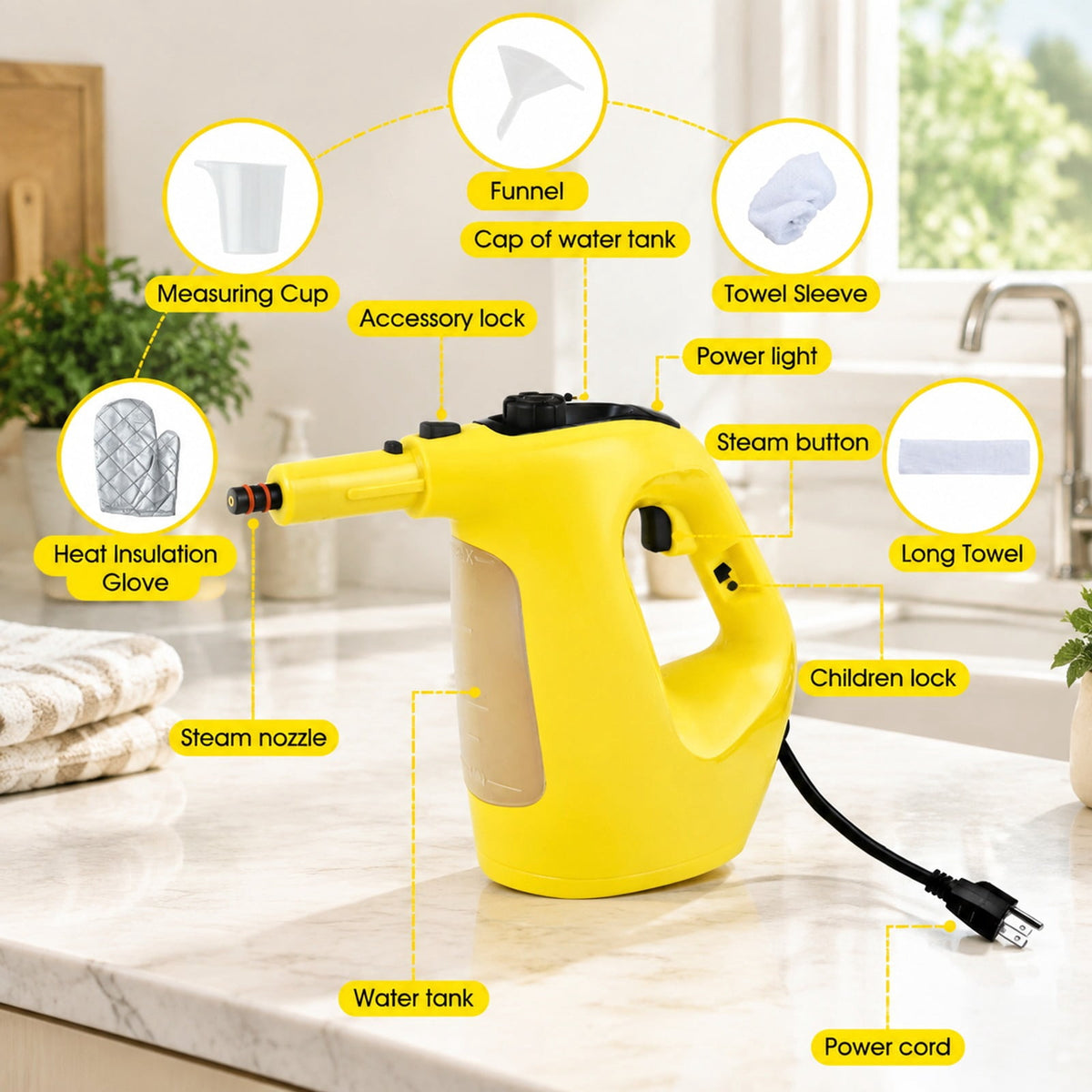 Airfind 1400W Handheld Steam Cleaner with 14-Piece Accessory Kit and Child Lock, PP Frame, 13 x 5 x 9.5 Footprint, Yellow