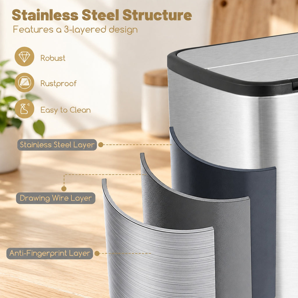 Airfind 12 Gal Stainless Steel Trash Can with Soft-Closing Wing Lids, Stainless Steel PP Frame, Silver