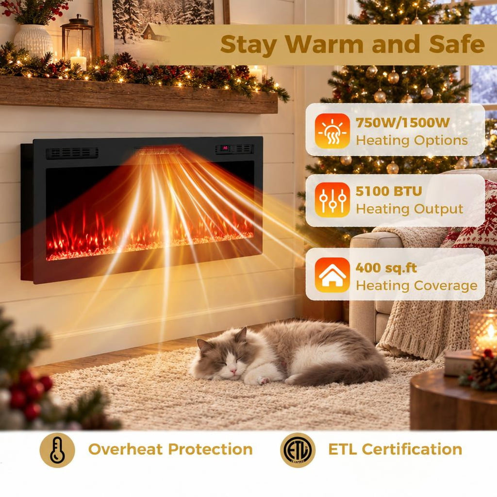 Airfind Smart WiFi Electric Fireplace Wall Mounted and Recessed 750W/1500W Heater-50 Inch, Black, Power Cord 5 ft Net Weight-36in 29.5 lbs