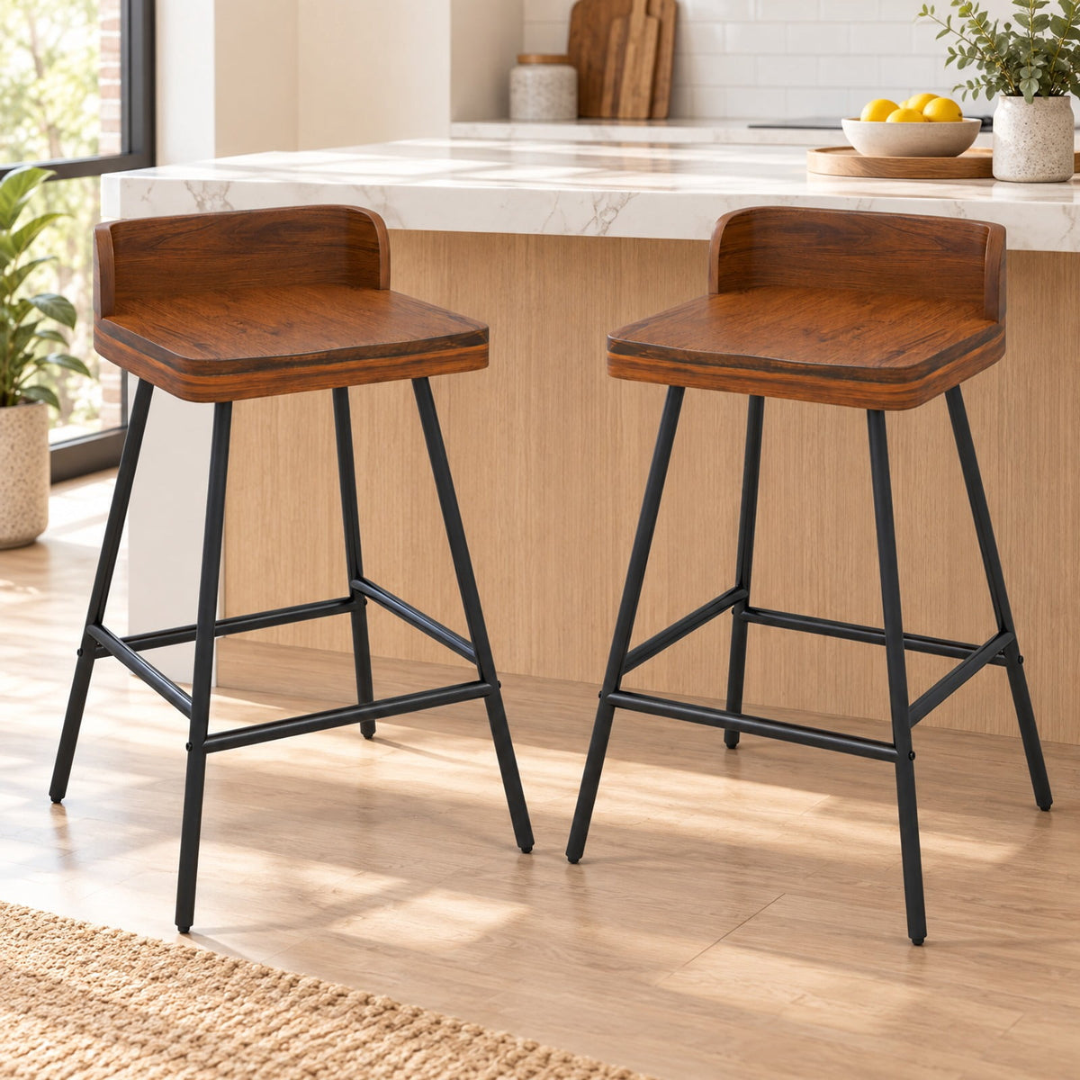 Airfind 24 Inch Industrial Rubber Wood Bar Stool with Low Back Metal Legs and Footrest, 330 Lbs Capacity, Rubber Wood Metal, Brown