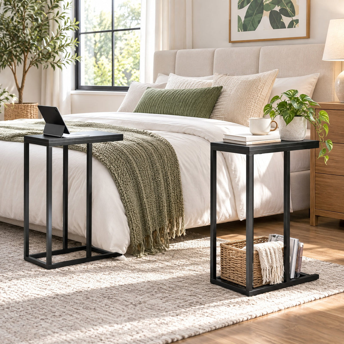 AIRFIND C-Shaped Side Table with Metal Frame and Adjustable Feet, Slim Slide-Under Sofa End Table for Drinks and Small Items, 18 x 10 x 25 in