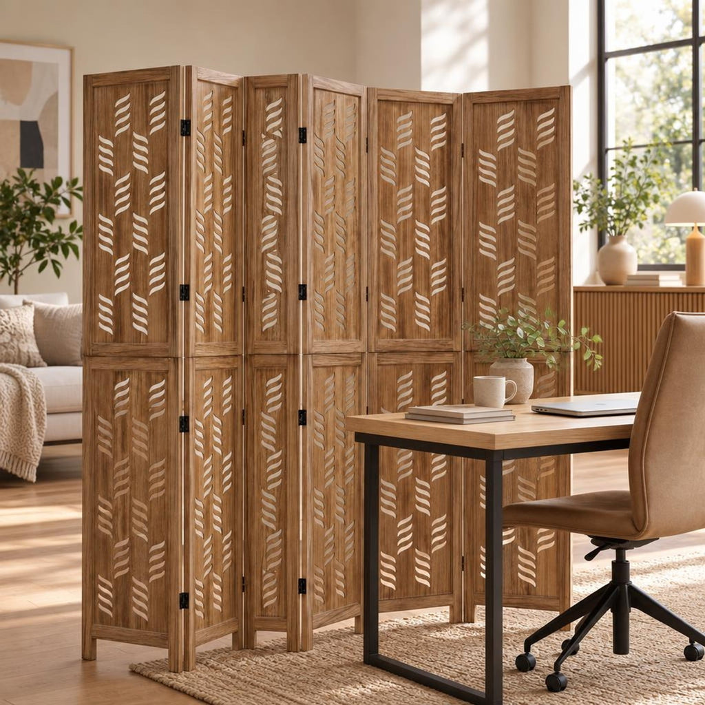 Airfind 5.5 FT Tall Room Divider 6 Panels with Wave Cutout and Paulownia Frame for Room, Paulownia Wood Metal Frame, 95in x 67in Footprint, Brown