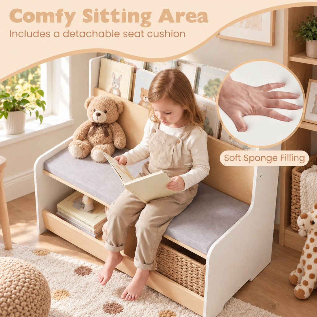 Airfind Kids Reading Nook with Bench Bookshelf and 2 Cubbies, 132 lbs Capacity, MDF Fabric Sponge Frame, White