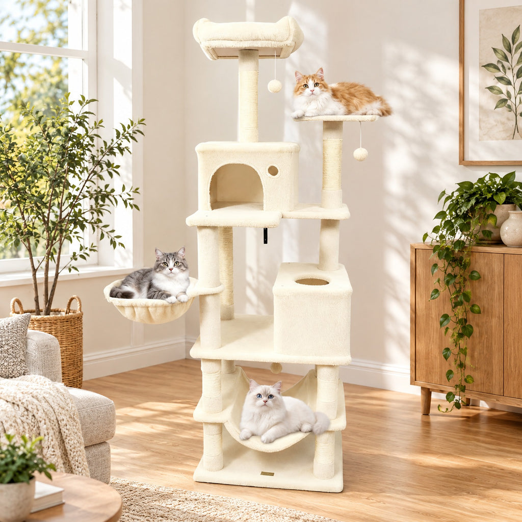 Airfind 66 Inch Tall Cat Tree Multi-Level Cat Tower with 2 Condos Sisal Scratching Posts, 33 lbs Capacity, Beige