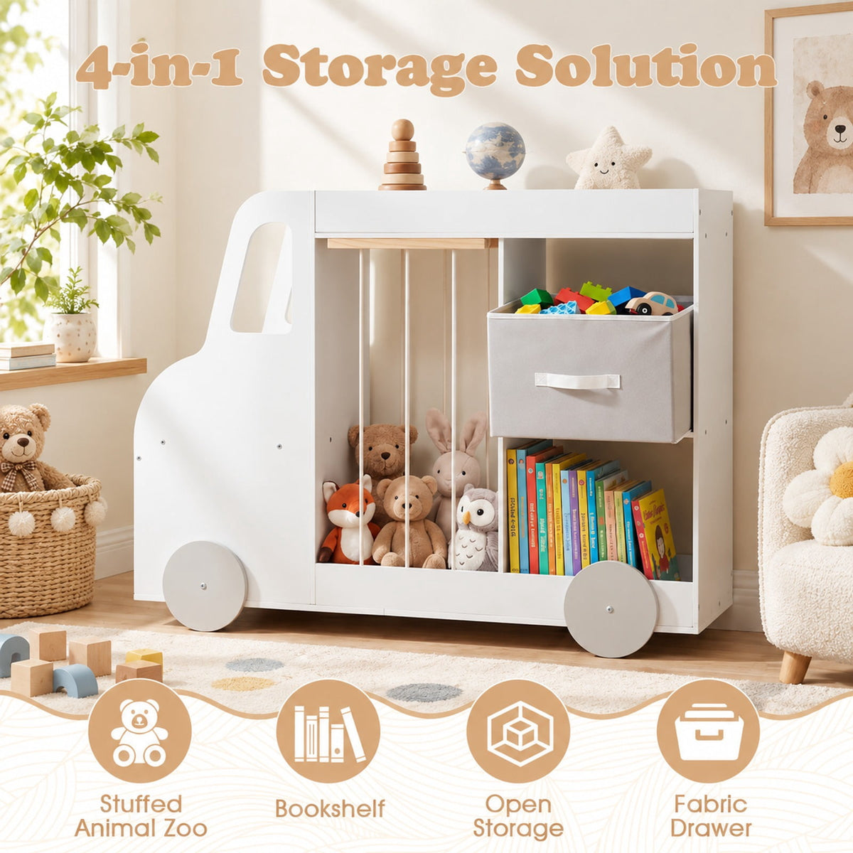 Airfind Toy Storage Organizer with Stuffed Animal Storage Fabric Drawer and Universal Wheels, 35 lbs Capacity, for 3+ Years Old, White