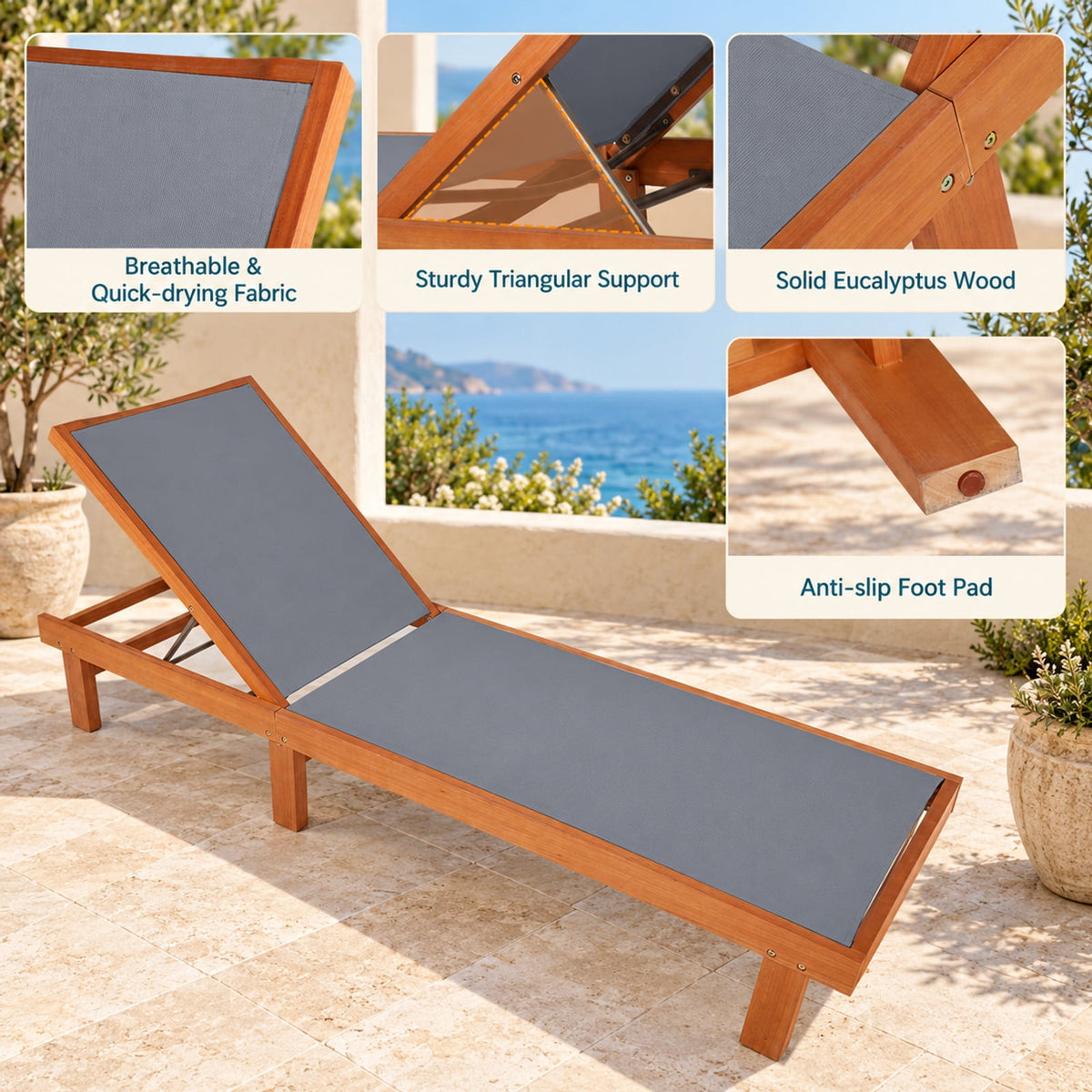 Airfind 5-Postion Backrest Adjustable Outdoor Wood Chaise Lounge Chair-2, 400 lbs Capacity, Fabric eucalyptus wood steel Frame, Wood
